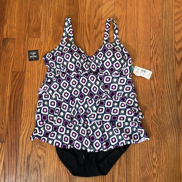 Swim Solutions Printed Hip Minimizer One-Piece Swimsuit Purple 16 - Picture 3 of 11